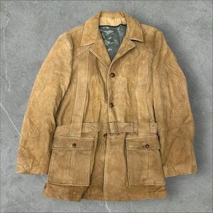 Vintage Leather Jacket Mens Large Tan 70s Suede 376 Lot Western Overcoat Belted